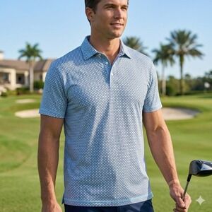 IBKÜL Polo Shirt Mens XXL Blue Geometric UPF 50+ IceFil Performance Short Sleeve